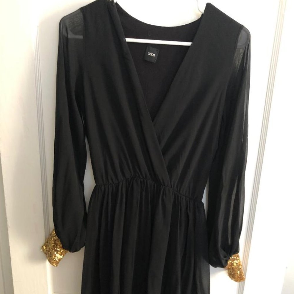 ASOS Black Dress with Gold sparkle cuffs size 0